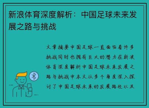 新浪体育深度解析:中国足球未来发展之路与挑战 新浪体育深度解析:中国足球未来发展之路与挑战